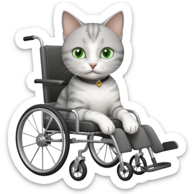 grey and white cat in a wheelchair designed for cats to walk sticker