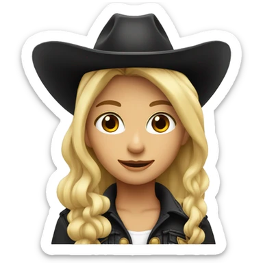 Blonde cowgirl with brown eyes and a black cowboy hat sticker