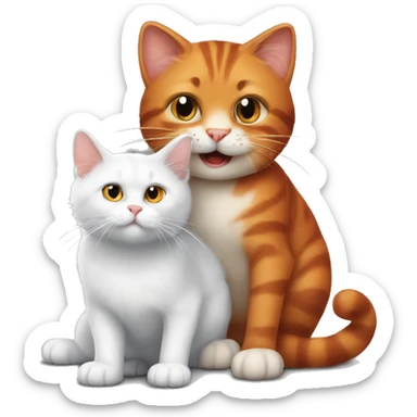 A big red cat playing with a small gray-white kitty sticker