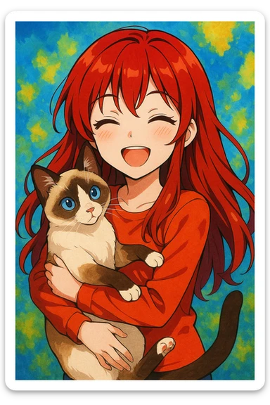 A dark red haired girl smiling with a snowshoe cat in her arms, vibrant colors, anime-inspired style sticker
