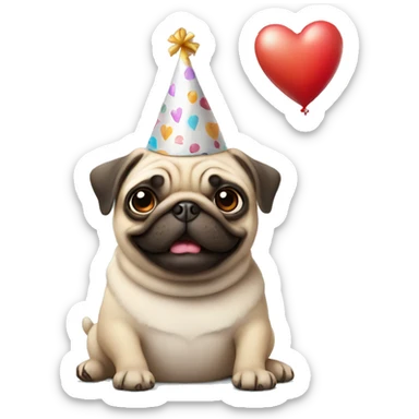 Pug wearing a birthday hat and holding a heart balloon  sticker