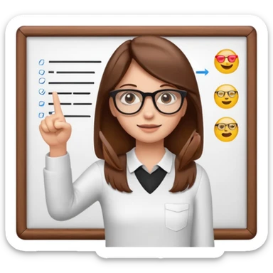 Make an emoji of a girl with brown hair who is teaching how to make emojis on a board pointing to the board like a teacher sticker