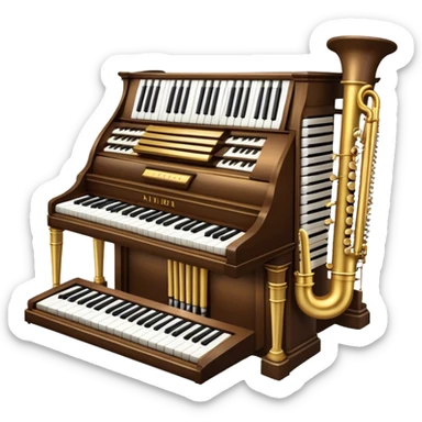 Create an elegant and majestic emoji representing a classical organ. The design should feature the grand pipes of the organ in the background, with visible details of the keys and pedalboard in the foreground. The pipes should be tall and impressive, with a mixture of gold, silver, and metallic shades to emphasize the grandeur of the instrument. The keyboard and pedals should be well-defined, capturing the intricate craftsmanship of the organ. Use dark wood tones and gold accents for the body of the instrument to give it a rich, historic feel. Add subtle musical notes around the organ to evoke its deep, resonant sound. The background should be transparent. sticker