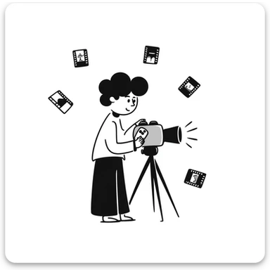 Hand-drawn film strips and an old school film camera with a photographer sticker