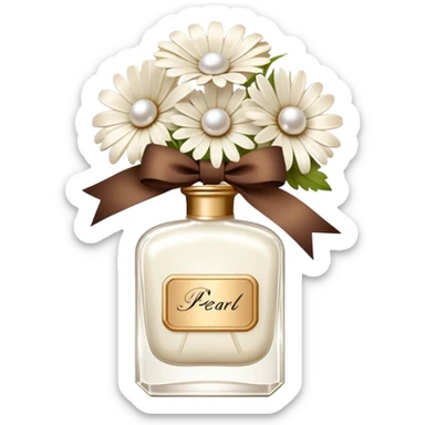 pearl white vintage style perfume bottle and ivory colored daisies and a brown bow sticker