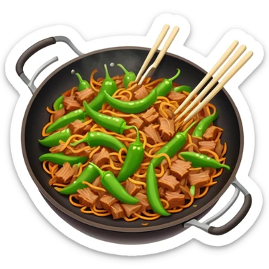 Green Pepper with Shredded Pork in wok, simplified emoji style with bold outlines and bright colors, cartoon style Qing Jiao Rou Si homestyle dish sticker