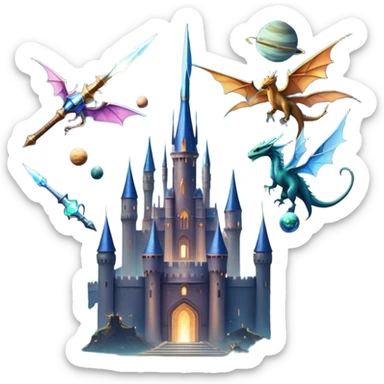Fantasy and Sci-Fi Movies: A magical collage with a glowing sword, flying dragons, and futuristic spaceships. Stars and planets shimmer in the background, with a mystical castle and an ancient wizard holding a staff. The atmosphere is epic, otherworldly, and adventurous. Transparent background. sticker