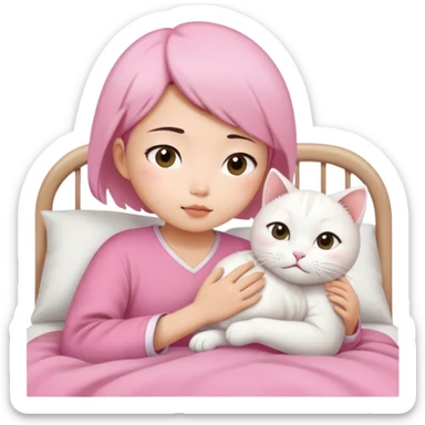 Short hair Asian girl in pink cloth wake up with white cat  sticker
