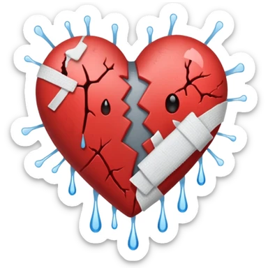 Un corazón roto de color gris con grietas  sangrando y expulsando sangre rodeado de vendas y tiritas que se despegan sin hacer efecto sticker