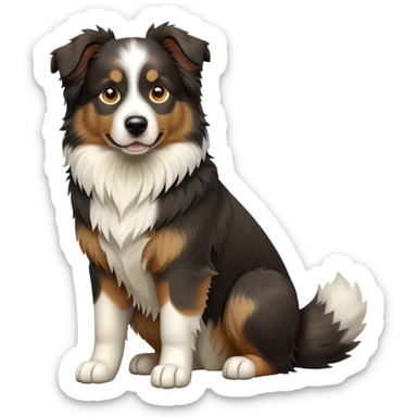 cinematic-[australian shepherd dog]-realistic-full-body-sitting-emoji,-tail-resting-loosely-beside-its-paws,-head-tilted-dramatically,-scruffy-[black white tan]-fur,-simplified-yet-realistic-focused-features,-highly-detailed,-glowing-with-an-almost-sarcastic-glow sticker