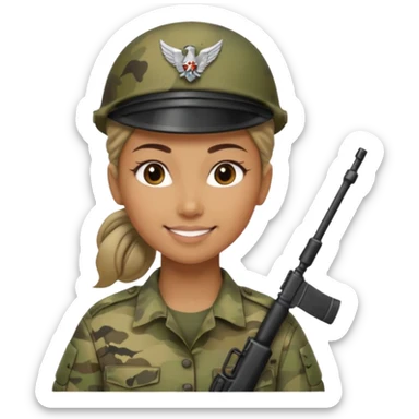 Apple emoji look — female soldier, no cap/helmet, bust, neutral smile, generic camo shirt, hair tied back, soft gradients, no weapon sticker