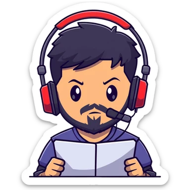 Detailed anime-style character with textured black hair, intense brown eyes, well-groomed black beard, and gaming headset with mic, dramatic anime lighting, detailed face sticker