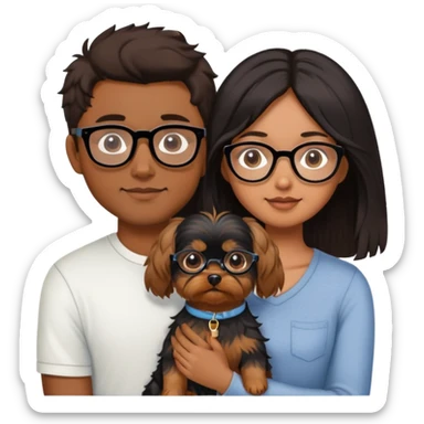 A couple holding a small Yorkshire Terrier together. The girl is Asian with long, luscious wavy black hair (loose, no hair tie). She is next to her boyfriend, a brown-skinned man wearing glasses with short middle part haircut sticker