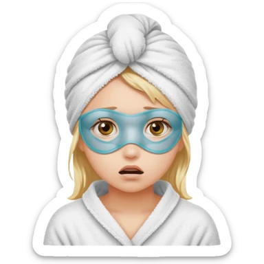 scared girl with bath towels and eye mask sticker
