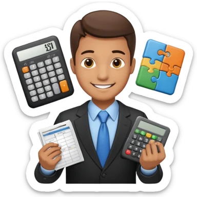 emoji, of a male AUDITOR smiling with Finance spreadsheet , a calculator,plus ADD A puzzle and a Balance for accounting. sticker