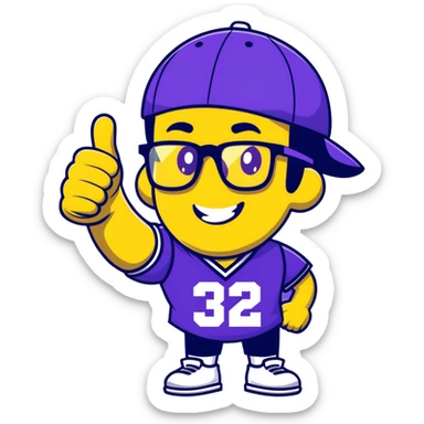 Man with black and white cap, purple sports jersey with number 32, glasses, mullet hairstyle, thumbs up gesture sticker