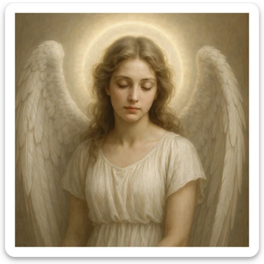white angel girl, realistic style, glowing aura, detailed wings, serene face sticker
