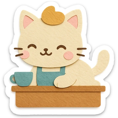 chibi café cat laying on coffee counter, smiling face, soft pastel kawaii style sticker