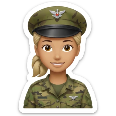 Apple emoji look — female soldier, no cap/helmet, bust, neutral smile, generic camo shirt, hair tied back, soft gradients, no weapon sticker