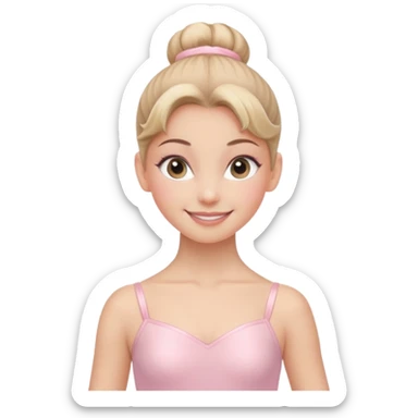 Pink Suit – Cheerful
 Smiling ballerina in pastel pink leotard, tidy high bun, bright happy eyes.















































 sticker