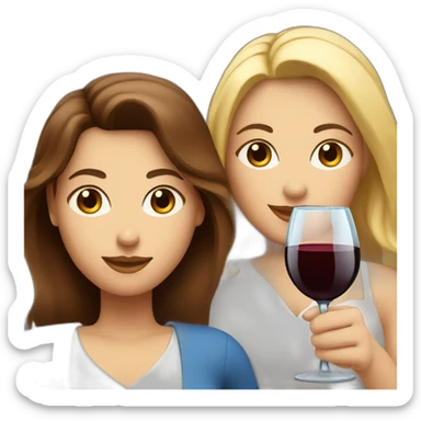 White woman with brown hair and brown eyes toasting with a red wine together with white woman with blond hair and blue eyes with red wine sticker