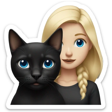 blonde girl with blue eyes and a massive black cat sticker