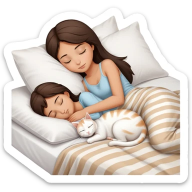 side view Brunette teenage girl sleeping with white cat that has beige stripes on a white pillow with white sheets sticker
