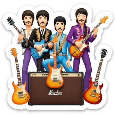 Rock music icon: collage of legendary rock stars—The Beatles, Jimi Hendrix, Elvis Presley, Queen, Nirvana, Led Zeppelin. Electric guitars, amplifiers, and microphones surrounded by vibrant stage lights and musical notes. Transparent background. sticker
