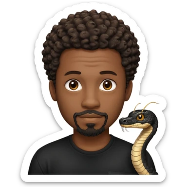 Homme noir, yeux marron avec un bouc que le menton, cheveux court et bouclé crépus avec dégradé sur le côté, avec un cobra à côté , t-shirt noir  sticker