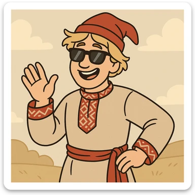 Ivan the Fool wearing sunglasses, cheerful expression, traditional Russian folk costume, simple background, cartoon style sticker