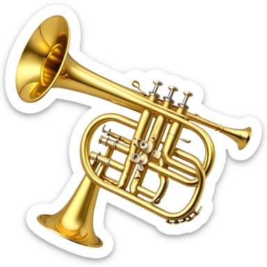 Create a professional and polished emoji representing the Brahner trumpet. The design should showcase the shiny brass body of the trumpet, with its distinct valves and bell. Highlight the smooth curves of the tubing and the elegant flared bell at the end. The valves should be visible with their metal buttons, and the mouthpiece should be positioned at the top of the instrument. Use bright gold and brass tones with reflective light effects to emphasize the trumpet’s polished, high-quality finish. Add subtle musical notes around the trumpet to evoke its bright, bold sound. The background should be transparent. sticker