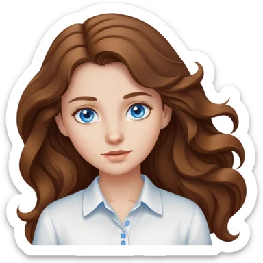 girl with long brown wavy hair and blue eyes wearing a white shirt sticker