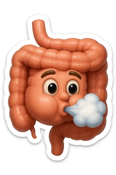 emoji stile iphone di un intestino che ingoia una nuvoletta di aria ben visibile e gli si gonfia la pancia, non fargli il naso, iperrealistico 4k sticker