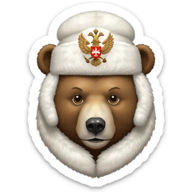 Russian brown bear head only, wearing white furry ushanka hat with realistic double-headed eagle coat of arms in the center, iOS emoji style sticker