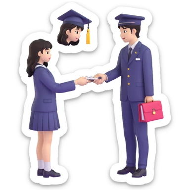 Japanese male high school student giving second uniform button to girl during graduation confession sticker