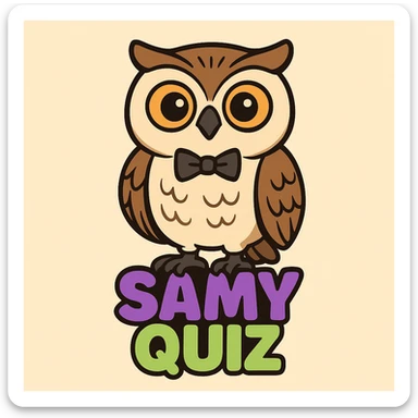 Create a cartoon style emoji identical to the reference image. Do not change anything in the design, colors, or text. Keep the owl with bow tie and the text 'SAMY QUIZ' in the same colors and style as shown in the reference. sticker