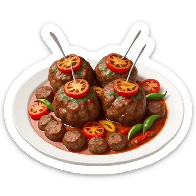 Cinematic Realistic Kofte Dish Emoji, depicted as seasoned, grilled meatballs with a charred exterior rendered with lifelike textures and robust, appetizing lighting. sticker