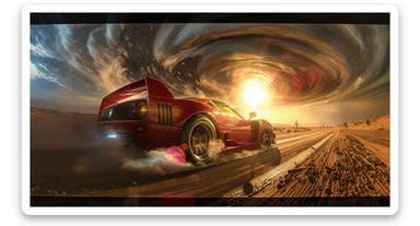 Cinematic still of a ferrari f40 around tornado od arizona desert, sun flare, captured by gopro hero with effect fisheye, water drops on car body, detailed, inspired by interstellar look, captured by a arri alexa sticker