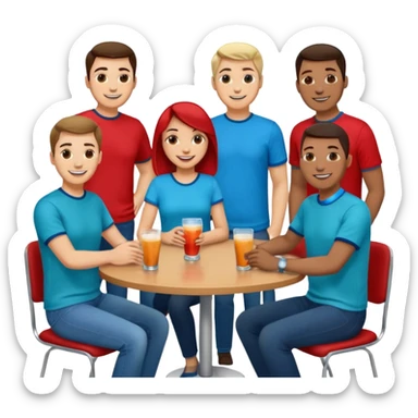 Ten adults in casual clothing with red, aqua and blue shirts, some with drinks chatting at an afterwork meeting sticker