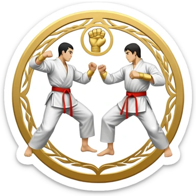 Round emblem symbolizing striking martial arts. The emblem features two fighters in dynamic stances, one delivering a powerful punch while the other defends with a block. In the center, a stylized fist and foot crossed to represent the essence of striking.  sticker