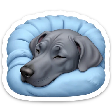 Meme-Worthy Cute Sleeping Blue Great Dane Portrait Emoji, Head resting peacefully with a contented smile, showcasing a delightfully massive build and a luxuriously soft blue Fur, eyes shut in a serene nap, Simplified yet hilariously adorable features, highly detailed, glowing with a soft, drowsy light, high shine, relaxed and utterly lovable, stylized with an air of playful laziness, bright and heartwarming, soft glowing outline, capturing the essence of a comically sleepy guardian, so meme-worthy it feels like it could instantly become the next viral sensation of adorable slumber! sticker