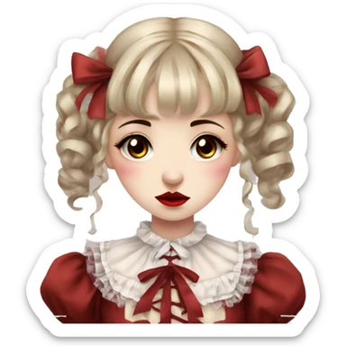 sad crying Japanese pale woman with drown curly pigtails and bangs, red lips and eyeshadow, long eyelashes, brown eyes, red Lolita dress with laces and ribbons, gothic Lolita doll look sticker