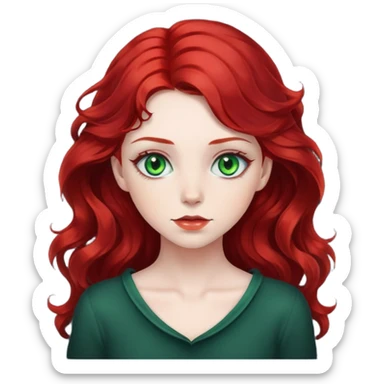 girl with green eyes, white skin, wavy black hair, red hair visible behind neck sticker