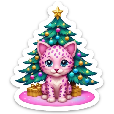 Smiling Pink Leopard kitten under a multicolored lighted glowing christmas 🎄 with a gold sign sticker