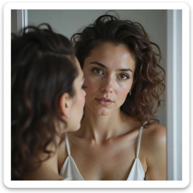 hyperrealistic 4K image of a woman with PCOS looking at herself in the mirror, spreading her hair with fingers to show the underlying scalp, evident thinning areas, detailed sticker