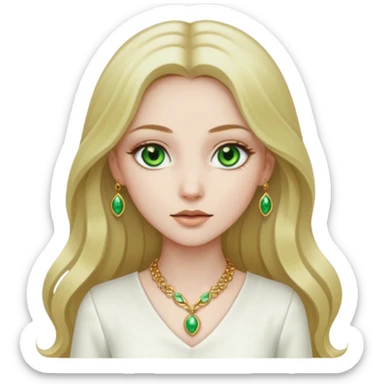 girl with very pale skin, green eyes, long dark blonde hair, white outfit, gold jewelry sticker