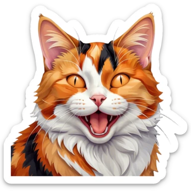 Cinematic Cute Yawning Calico Cat Portrait Emoji, Head tilted mid-yawn with a charming, relaxed expression, showcasing a soft patchwork fur of vibrant orange, black, and white, simplified yet irresistibly adorable, highly detailed, glowing with a cozy, gentle radiance, high shine, exuding sleepy yet endearing charm, styled with a soft glowing outline, capturing the essence of a calico cat caught in a delightful yawn that seems ready to cuddle up for a nap! sticker