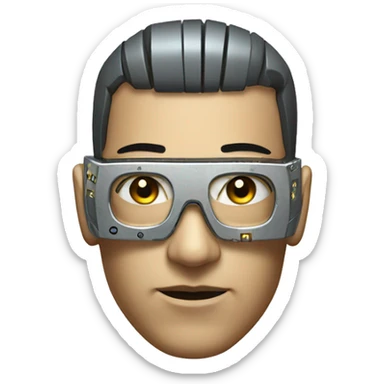 Male cyborg head with metallic skin, flat top, rectangular glasses and circuits sticker