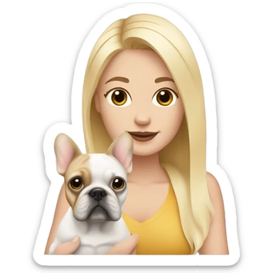 Blonde haired woman holding 1 tan and white French bulldog sticker