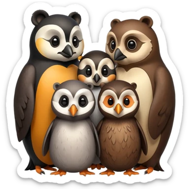 huddle of a badger, penguin, bear, and owl sticker